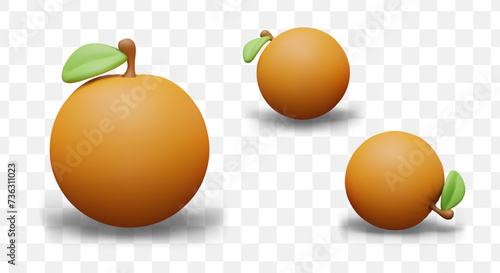 Whole realistic orange with stem and leaf. Citrus fruit in different positions