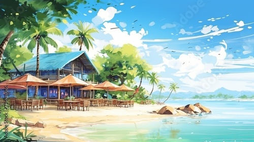restaurant on tropical beach with sea and trees in summer holiday. Cartoon or anime watercolor digital painting illustration style.