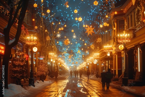 A bustling winter wonderland, with a glowing street lined with buildings adorned in twinkling lights, a majestic christmas tree standing tall, as people walk through the snow-covered city streets, al