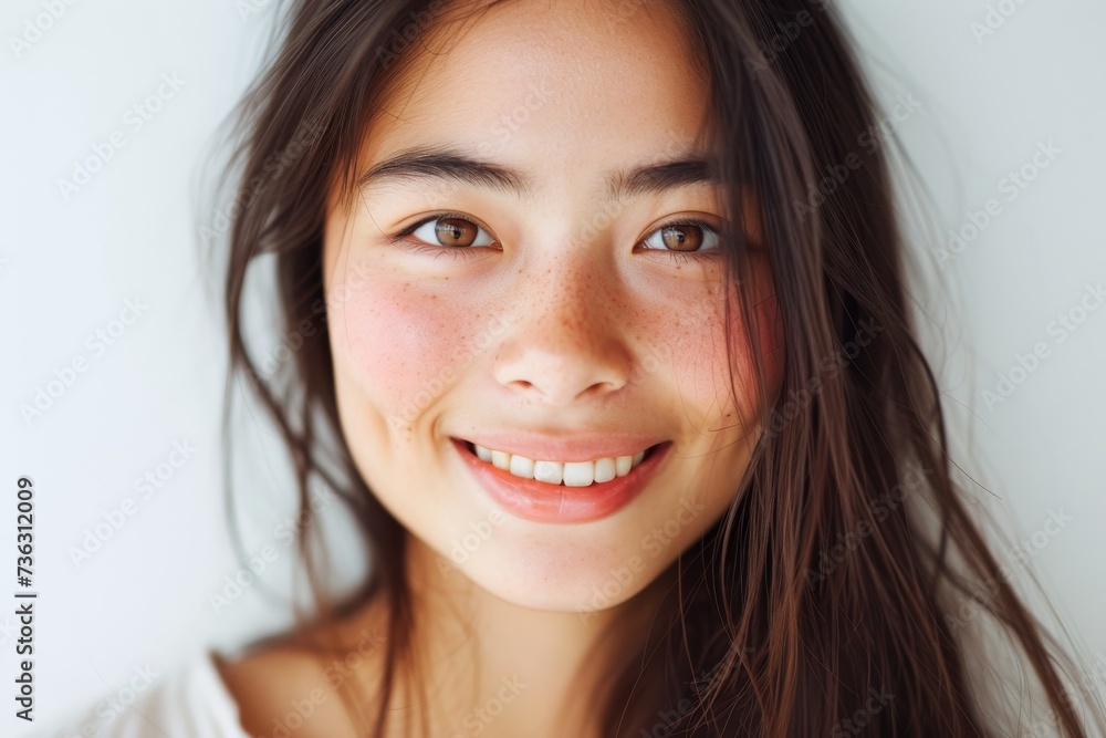 Positive close up portrait of a happy smiling young woman posing beautifully in a studio against a white background The woman is of mixed Caucasian and Asian desc Positive close up portrait of a happy smiling young woman posing beautifully in a studio against a white background The woman is of mixed Caucasian and Asian desc