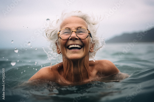 Portrait  of smiling 70 y.o woman  coastline  wind  waves  soft lighting