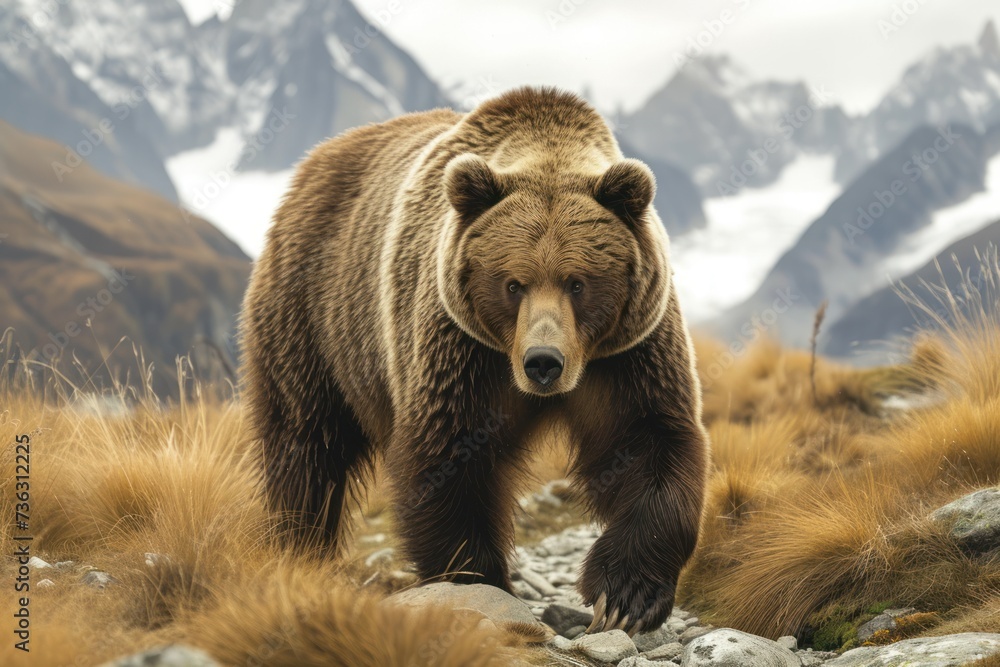 A grizzly confidently striding through a mountainous landscape