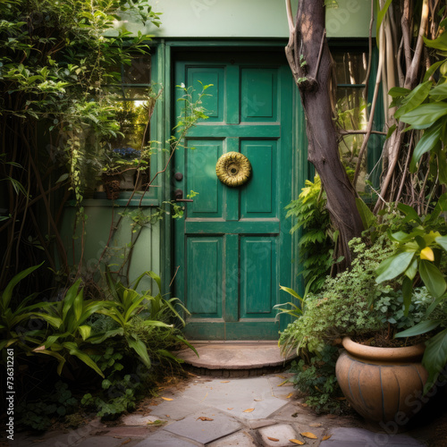 Green entry door with door knock photo