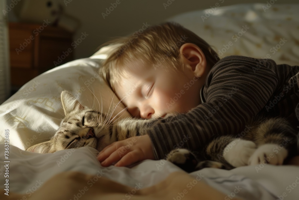 A toddler peacefully napping with a cat A toddler peacefully napping with a cat