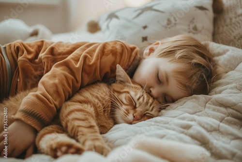 A toddler peacefully napping with a cat photo