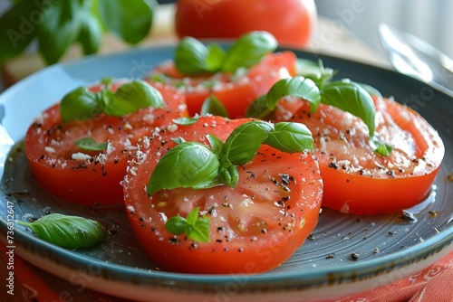 Vibrant and fresh, a colorful plate of ripe plum and cherry tomatoes adorned with fragrant basil leaves offers a taste of nature's bounty and a healthy, satisfying option for vegetarian and vegan die