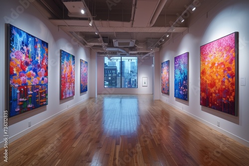 A captivating indoor space adorned with modern art, showcasing a diverse collection of paintings hung on the gallery walls, creating a visual feast for the eyes during the vernissage photo