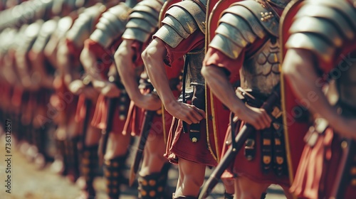 A row of ancient soldiers in armor, depicting strength, discipline, and history, ideal for educational and historical themes, with a focus on details and craftsmanship.