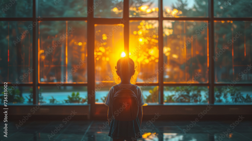 Obraz premium Small girl goes to preparatory school looking at illuminated windows in evening. Nervous preschooler walks to preparatory form for first time in back lit,,generative ai