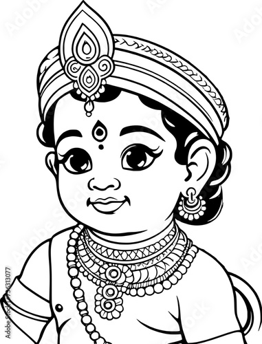 Little Krishna coloring page line drawing vector design, Outline baby Krishna Hindu god