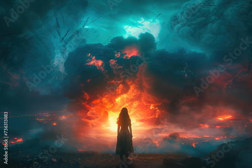 Woman stands in front of a nuclear explosion. Atomic bomb