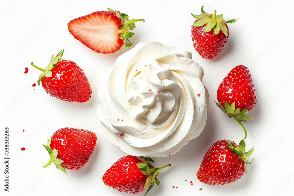 Whipped cream and strawberries on white background Top view Whipped cream and strawberries on white background Top view