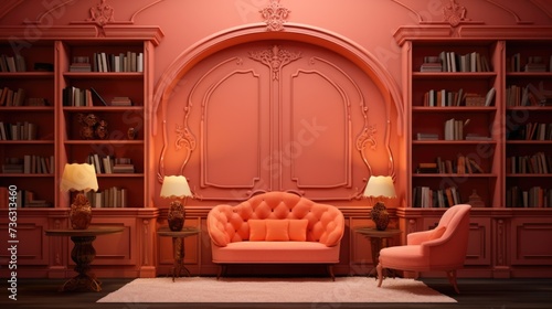 The background of the bookcases is in Salmon color