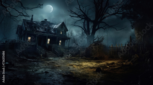 Creepy Haunted House with Moon in Eerie Night