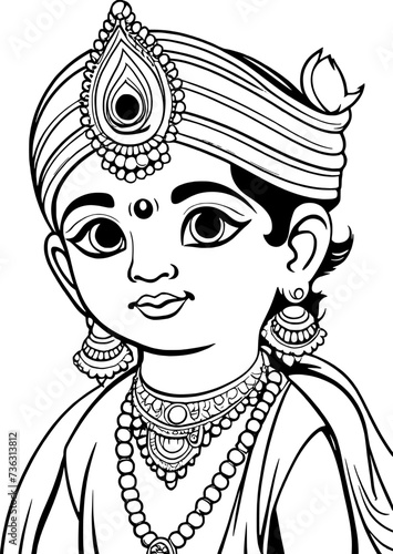 Little Krishna coloring page line drawing vector design, Outline baby Krishna Hindu god