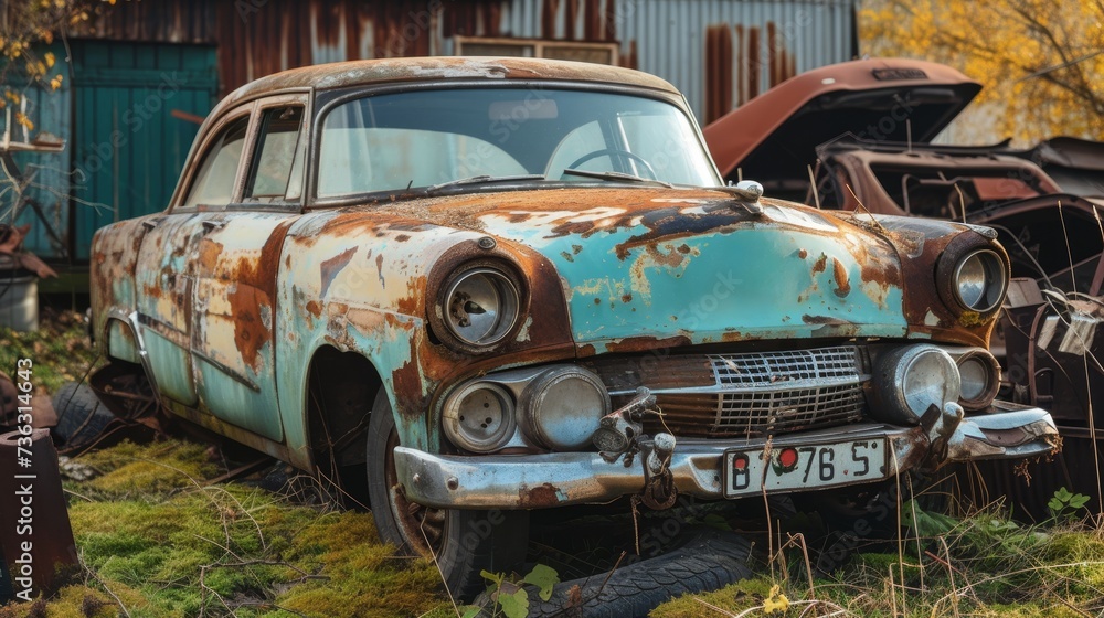 An old, rusted car sits abandoned in a desolate landscape, remnants of a bygone era.