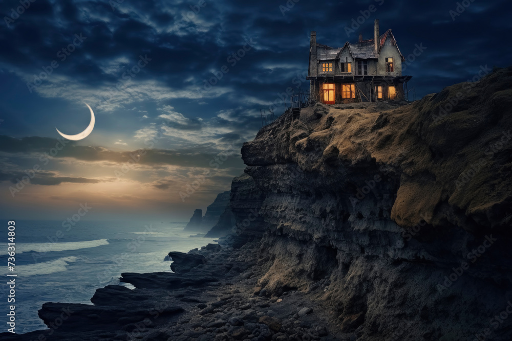Mysterious Cliff House with Crescent Moon at Dusk