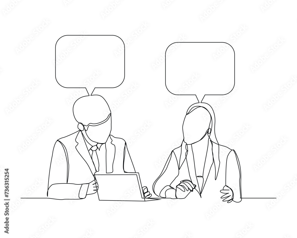 Continuous single line sketch drawing of two man and woman coworker talking something on laptop, bubble chat talk. One line art of office worker employee vector illustration