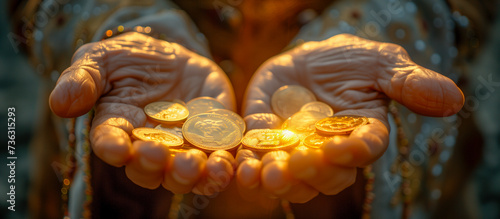 the hands of an elderly lady with old coins © andreac77