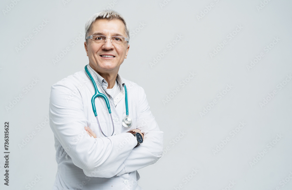 Confident senior doctor with stethoscope posing in a white coat, medical professional concept. Confident senior doctor with stethoscope posing in a white coat, medical professional concept.