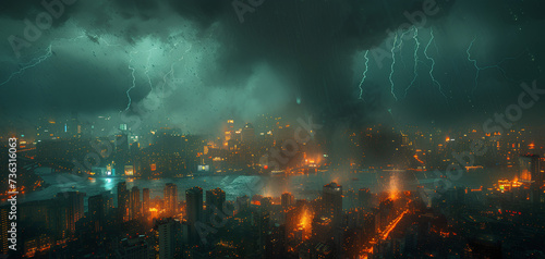 photo of a city experiencing a thunderstorm with a scary and dark background