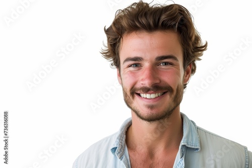 Smiling man welcomes you isolated on white background photo