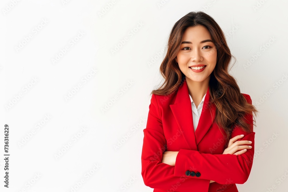 Portrait of a smiling successful Asian businesswoman isolated on a white background wearing a red suit with crossed arms