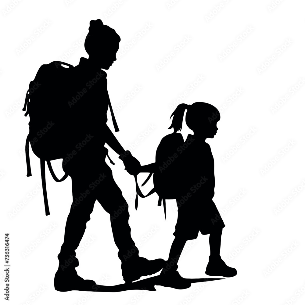 silhouette of school kids walking wearing backpack, back to school concept silhouette of school kids walking wearing backpack, back to school concept