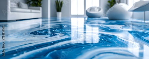 Contemporary epoxy resin floor design featuring white and blue color scheme. Concept White and blue resin swirls, Ocean-inspired epoxy floor, Modern resin flooring photo