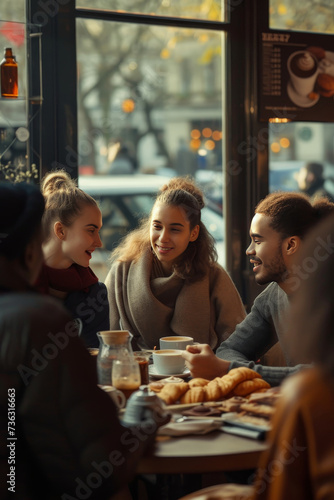 Friends enjoy warm beverages and pastries in a cozy coffee shop  immersed in lively conversation with a city view in the background.
