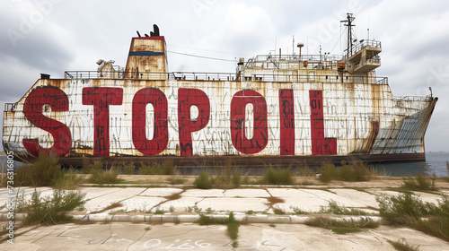 Old rusty oil cargo ship with ´stop oil´ painted on it - Generative AI
