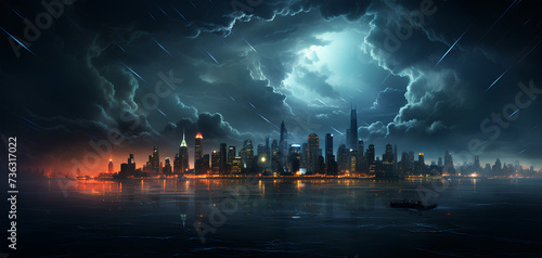 photo of a city experiencing a thunderstorm with a scary and dark background