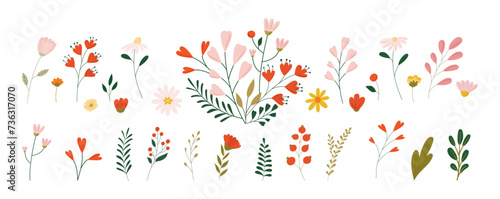 Hand drawn wild field flora, flowers, leaves, herbs, plants, branches. Minimal floral botanical art. Vector illustration for greeting card, invitations, save the date card.	