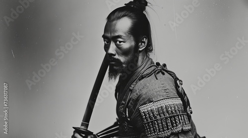 Side profile of a determined samurai warrior in traditional armor, presented in a timeless black and white format.