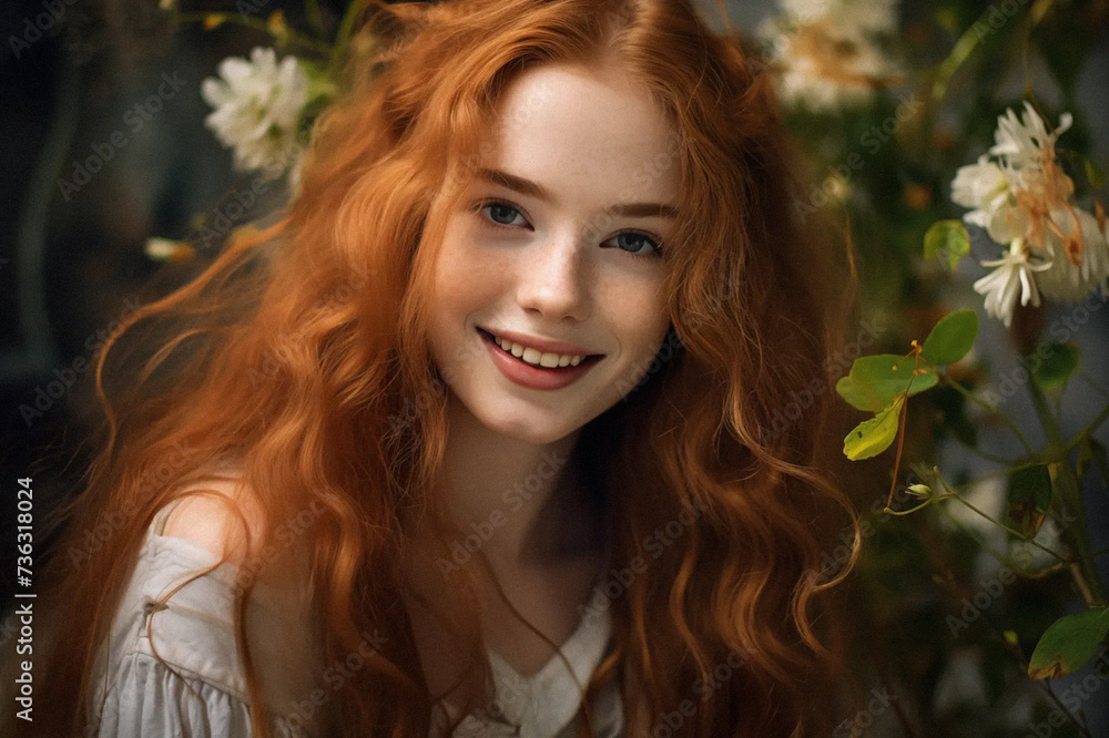 Fototapeta premium beautiful lady with freckles, big smile, ruby eyes, pigtails hair, dark makeup, hyper detailed photography, soft light, head and shoulders portrait, cover