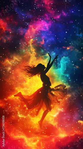 Cosmic Dance in Nebula Glow. Silhouette of a person dancing amidst vibrant cosmic colors.