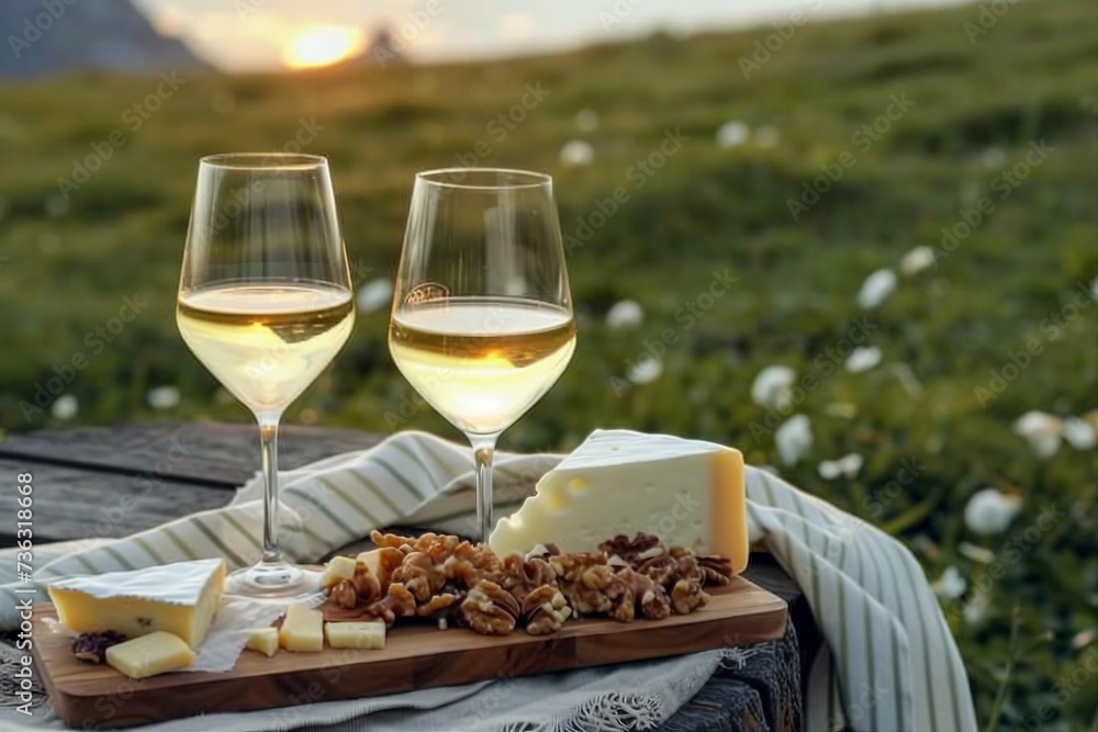 Two glasses of white wine and a wooden plate with cheese and nuts served outside at sunset. generative ai.