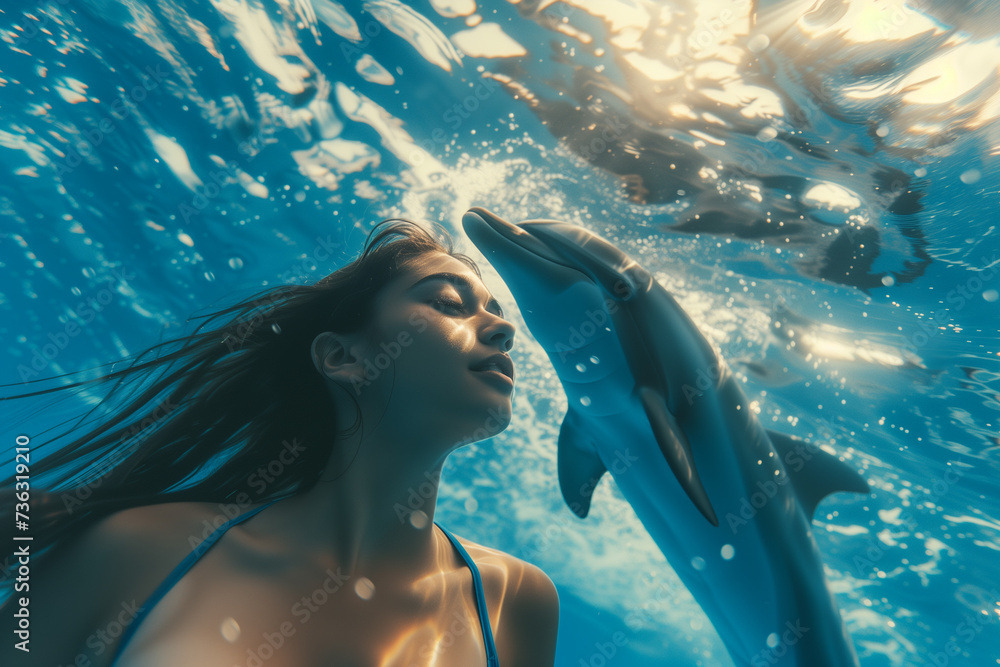 a woman swimming underwater with a neutral expression, to his right a dolphin Wonder and Joy concept