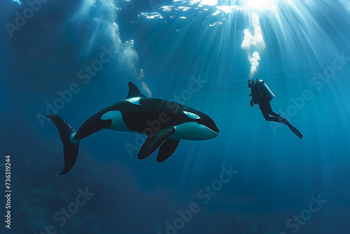 scuba diver and cute orca marine fauna Wonder and Joy concept © boyhey