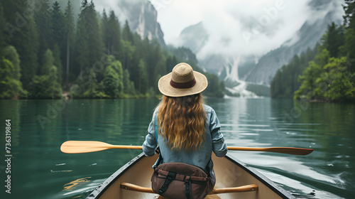 Rear view of travel girl with hat paddling the canoe on lake. generative ai © Malaika