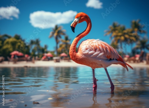 Pink flamingo standing in the water on a beautiful tropical beach.