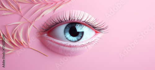 A human eye on a bright pink background, generative AI