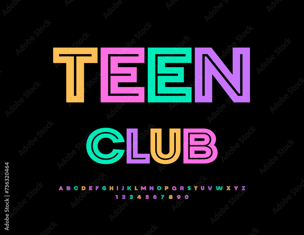 Obraz premium Vector trendy sign Teen Club. Colorful unique Font. Creative set of Alphabet Letters and Numbers.