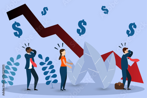 Company employees in shock after business goes bankrupt, Business Closure or unemployment Concept, Arrow going from black to red to show the business in negative financial position