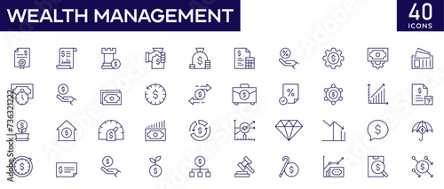 Wealth Management icons set with fully editable stroke thin line vector illustration with profit, economic, investment, assets, money, financial planning, banking, investment, portfolio, governance