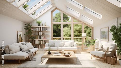 A light-filled Scandinavian living room with a vaulted ceiling and large skylights, creating a sense of openness and emphasizing the connection between the interior and the sky.