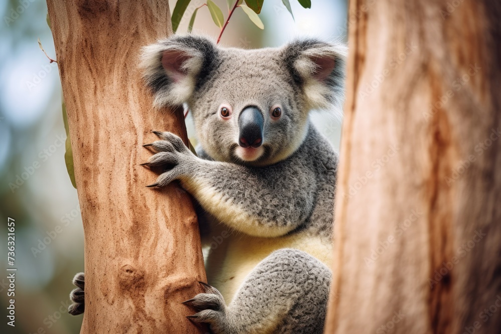 Obraz premium A koala clinging to a eucalyptus tree, AI generated