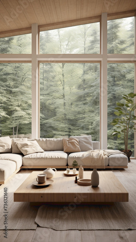 A light-filled Scandinavian living room with large windows that frame a picturesque outdoor view. 