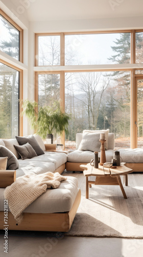A light-filled Scandinavian living room with large windows that frame a picturesque outdoor view. 
