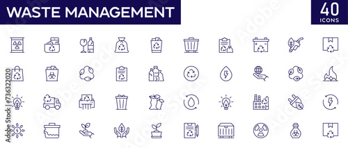 Waste Management icon set with fully editable stroke thin line vector illustration with garbage collection, recycle waste, paper glass, plastic, ecological recycling, industry, organic, green, sustain
